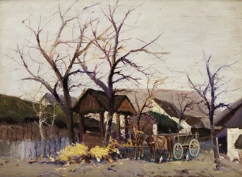 Chariot tiré par des chevaux dans un village paysan sous des arbres nus